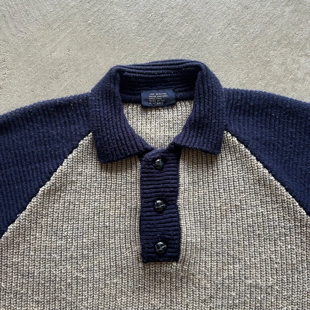 Vintage 70s Franconia Henley Sweater Size XL Tan Navy Blue Collared Pullover